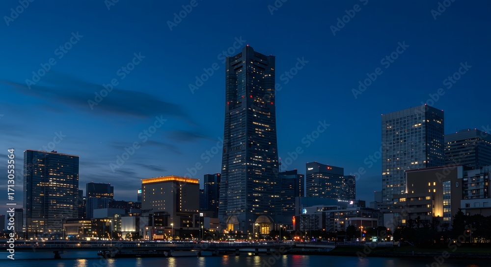 Obraz premium Dusk View of a Bustling Waterfront City Featuring Tall Illuminated Buildings