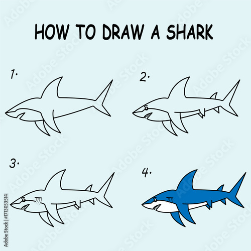 Step by step to draw a Shark. Drawing tutorial a Shark. Drawing lesson for children. Vector illustration
