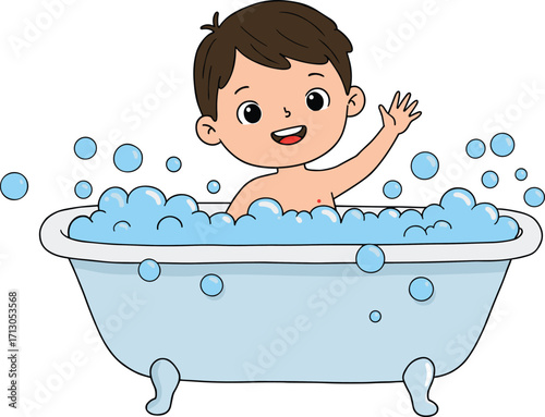 Cute cartoon boy in bathtub with bubbles, happy child bathing, clean hygiene fun illustration, bathroom concept with soap foam water