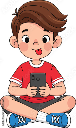 Cute cartoon boy sitting cross legged holding smartphone, happy child playing mobile game, fun kid character illustration with red shirt