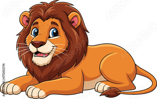 Cute cartoon lion with big mane lying down, friendly jungle animal illustration for kids, wildlife mascot character design vector art
