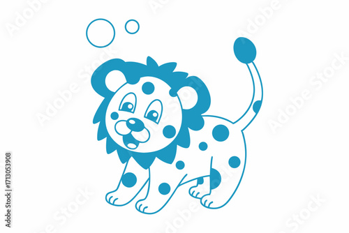 Playful blue lion cartoon character stands joyfully alongside floating circles, evoking youthful fun