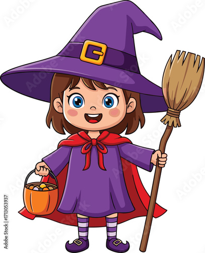 Cute little girl in purple witch costume holding broom and pumpkin candy bucket, cartoon Halloween character for holiday party decoration