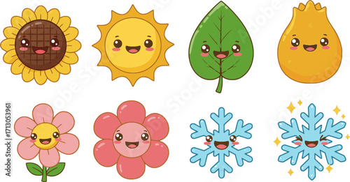 cute kawaii seasonal icons pack, cartoon-style with happy faces on flowers, sun, leaf, and snowflakes