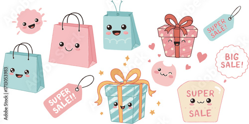 kawaii flat vector icons of shopping bags, gift boxes, and sale tags with smiling cartoon faces
