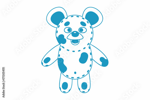 Playful blue spotted bear stands happily, showcasing its outline on the clean white background