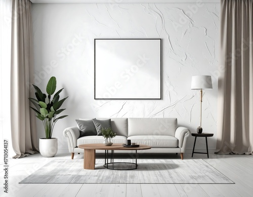 Modern bright living room with blank canvas art, sofa, plant, and floor lamp ready for your design