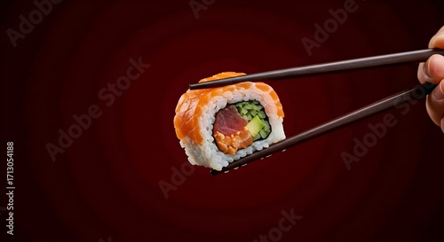 Sushi roll with salmon, avocado, and rice held by chopsticks against dark red background, conveying elegance and simplicity. AI Generated