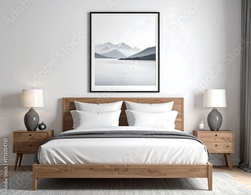 Serene bedroom sanctuary featuring minimalist decor and serene mountain lake artwork creating tranquil ambiance