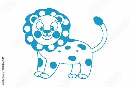 Playful spotted lion character stands, outlined in cyan with circular designs on its mane