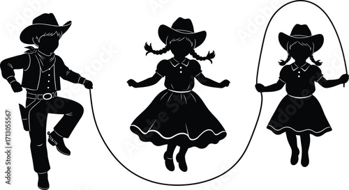 Black and white vector of cowboy and cowgirl children jumping rope for western play, childhood fun, and silhouette design themes.