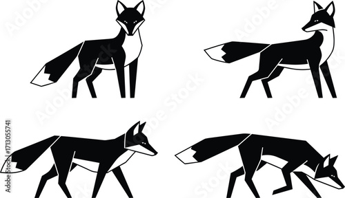 Black and white vector of four stylized foxes in geometric poses for animal design, minimal art, and motion study themes.