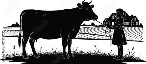 Black and white vector of girl leading cow in farm field with house and crops for rural life, agriculture, and storytelling themes.