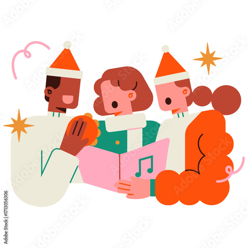 Three people singing Christmas carols in Santa hats.