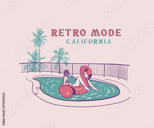 Women swimming flamingo balloon in pool vector art, Retro vintage summer resort  print design,  Summer vacation artwork for t shirt, poster, screen print