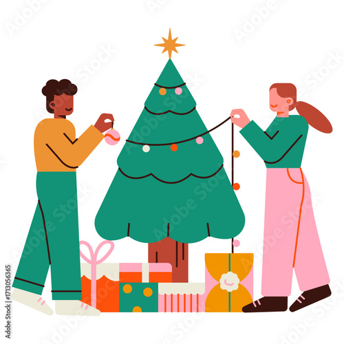 People decorating a Christmas tree with gifts underneath.