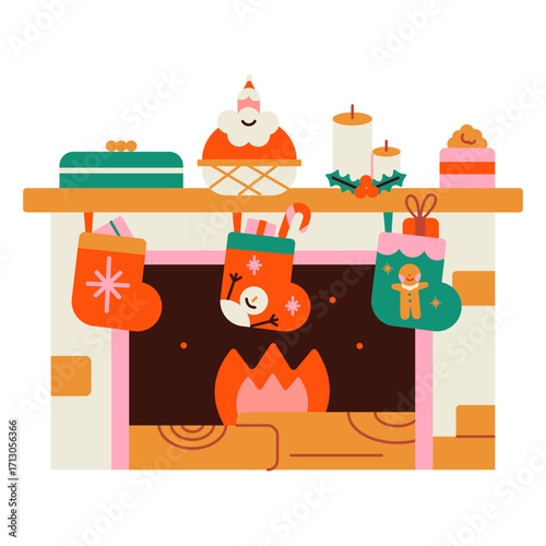 Festive fireplace with stockings and decorations for Christmas.