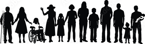 Black vector silhouettes of diverse people including children, adults, and wheelchair user for inclusion, family, and community design themes.
