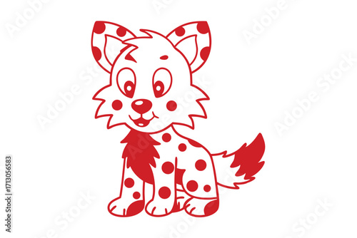 Red cartoon dog sits smiling, covered with matching spots on a white canvas