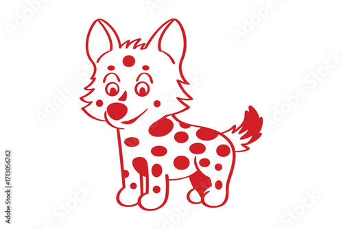Red cartoon dog with cheerful expression stands adorned with circular polka dots