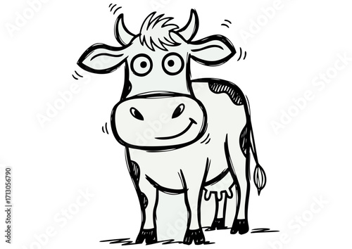 Cartoon milk carton with smiling cow illustration on yellow background for dairy product concept