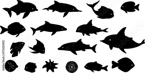 ocean animals and sea life silhouettes icons collection vector black shape
