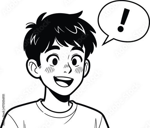 Excited cartoon character with expressive face, blush cheeks, and speech bubble exclamation mark in black and white comic style