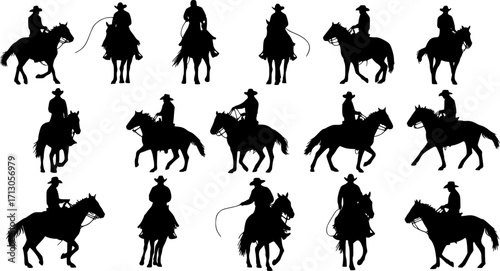 Cowboy riding horse silhouette collection, western equestrian scene, black vector illustration, ranch lifestyle, rodeo performance, cowboy culture, country horseback riding art