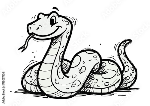 Cartoon snake character with a friendly expression on a white background with copy space