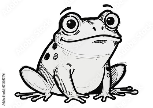 Cartoon frog character sitting comfortably with a content expression on a white background with copy space
