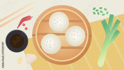 Steamed buns in a bamboo steamer with soy sauce and scallions.