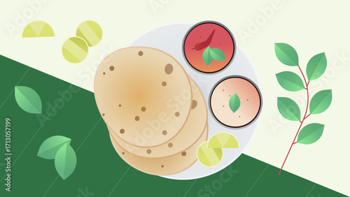 Illustration of Indian flatbreads, dips, lemon slices, and green leaves.