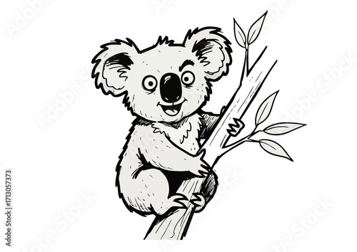 Koala climbing a tree branch with eucalyptus leaves, representing Australian wildlife
