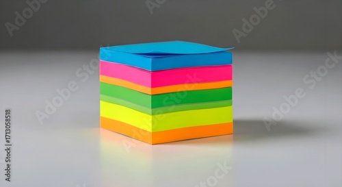 Stack of colorful sticky notes in rainbow order on grey surface with shadow, vibrant hues, minimalist vibe. AI Generated