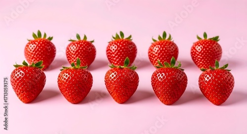 9 juicy strawberries in 3 rows on soft pink background. Vibrant red strawberries with green tops create playful, appetizing vibe. Sweet & fresh concept. AI Generated