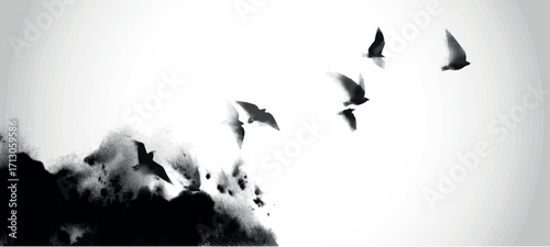Silhouette Birds Flying with Smoke Effect. Abstract Black and White Art

