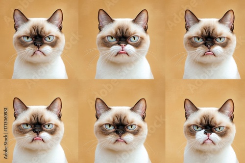 Expressions of grumpiness in cats captured in unique graphic layouts for advertising