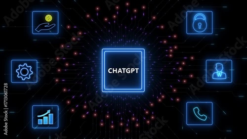 AI artificial intelligence and data mining. ChatGPT Deep learning. Computer chip technology. Futuristic cyber innovation automation and autonomous brain.