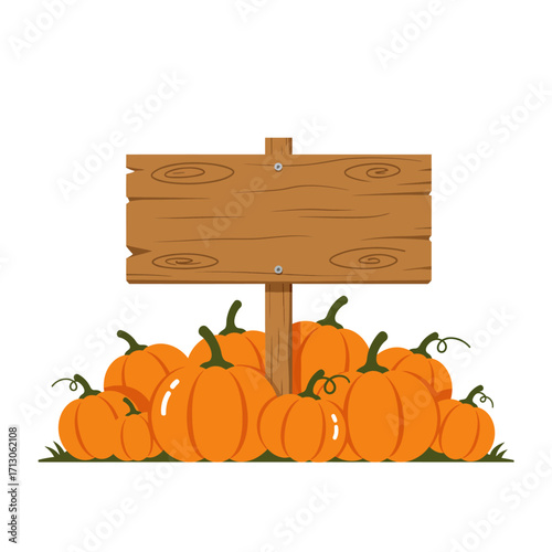Autumn harvest pumpkins displayed behind a rustic wooden sign for seasonal decorations isolated on white background Vector Illustration