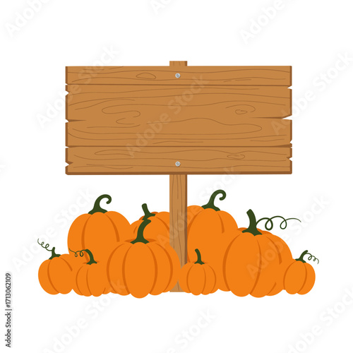 Harvest season wooden sign with pumpkins displaying fall bounty outdoors isolated on white background Vector Illustration