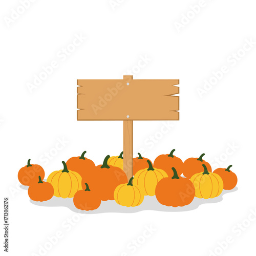 Autumn harvest pumpkins crowd around a wooden sign awaiting your seasonal message isolated on white background Vector Illustration