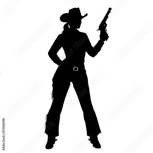 Silhouette of a woman in cowboy hat and attire holding a handgun ready for action isolated on white background Vector Illustration