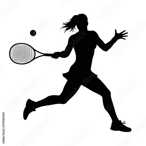 Dynamic silhouette of a female tennis player in action swinging her racket and hitting a ball isolated on white background Vector Illustration