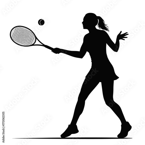 Silhouette of a female tennis player mid-swing about to hit a ball isolated on white background Vector Illustration