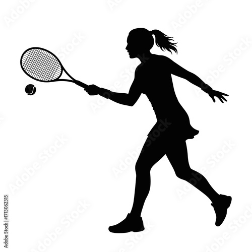 Dynamic silhouette of a female tennis player in action swinging her racquet at a ball isolated on white background Vector Illustration