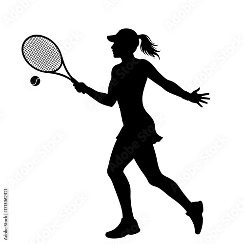 Dynamic tennis player silhouette capturing a powerful forehand swing in action isolated on white background Vector Illustration