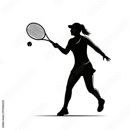 Dynamic silhouette of a female tennis player swinging racquet capturing a powerful shot isolated on white background Vector Illustration