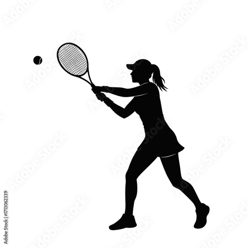 Dynamic silhouette of a female tennis player in action swinging her racket isolated on white background Vector Illustration