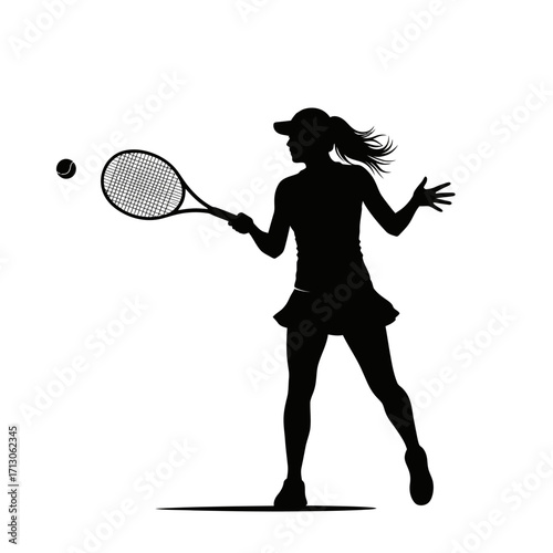Dynamic silhouette of a woman playing tennis in action swinging a racket isolated on white background Vector Illustration