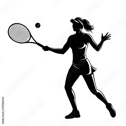 Dynamic silhouette of a female tennis player in action hitting a tennis ball isolated on white background Vector Illustration